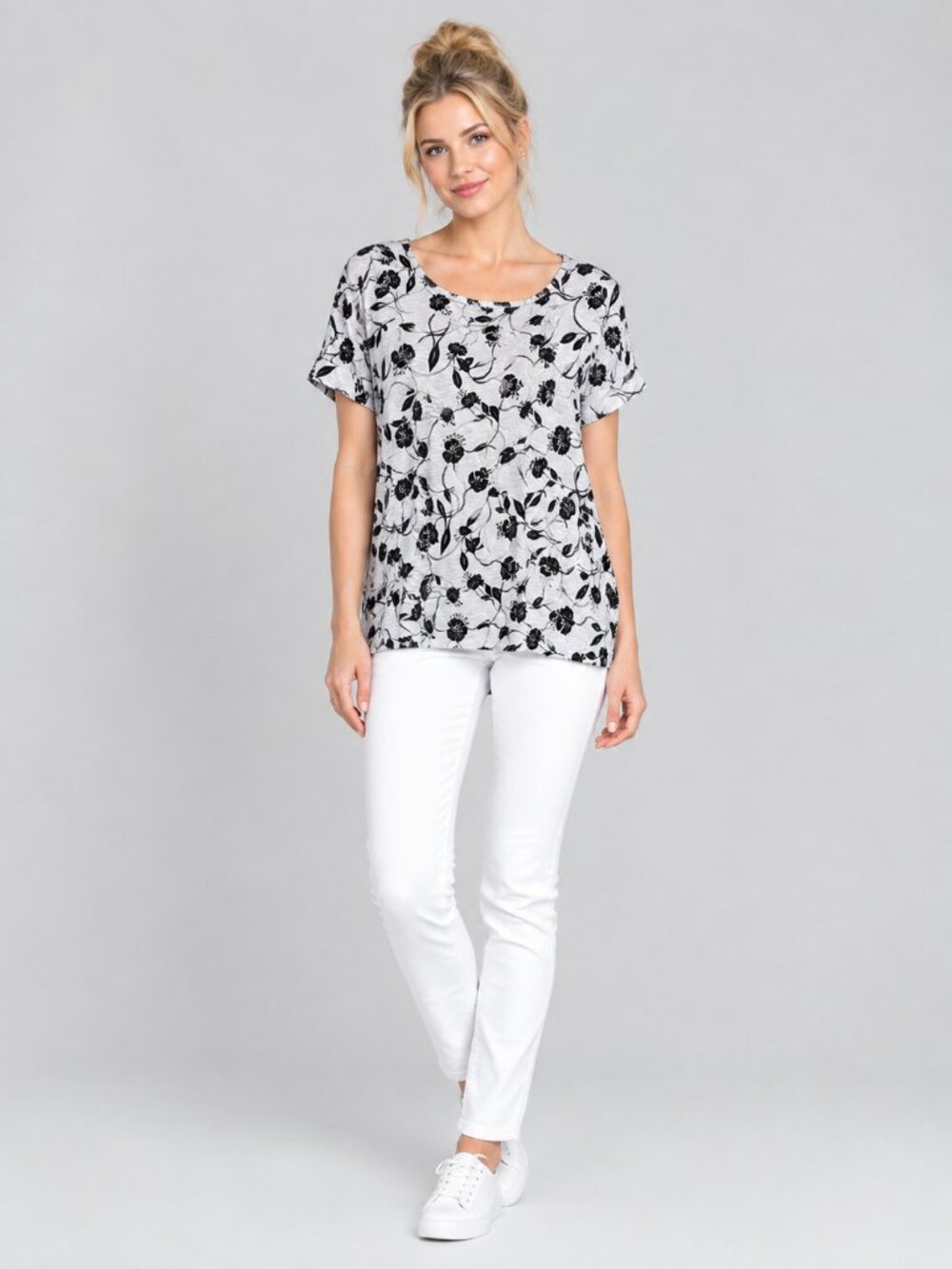 2/$30 TAHARI Floral Print Cotton Short Sleeve Pullover Blouse Ecru 2X #A4757